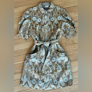 SANDRO PARIS Dorlan Brocade button down Dress
Blue/Gold/Beige jacquard, Size 4